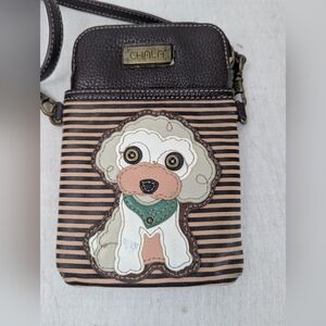 Chala Cell Phone Crossbody Bag, Poodle Dog Burgundy Stripes Polka Dot  NWOT